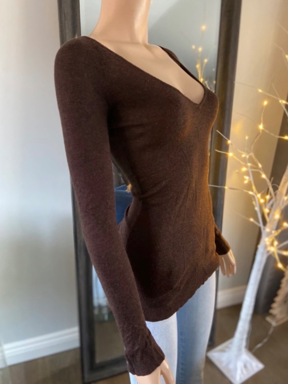 Ladies Brown Long Sleeve Deep V-Neck Sweater - Size S - Picture 6 of 10